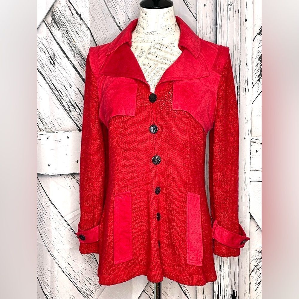 Elaris Cardigan Sweater Faux Suede Trim Red Size  L